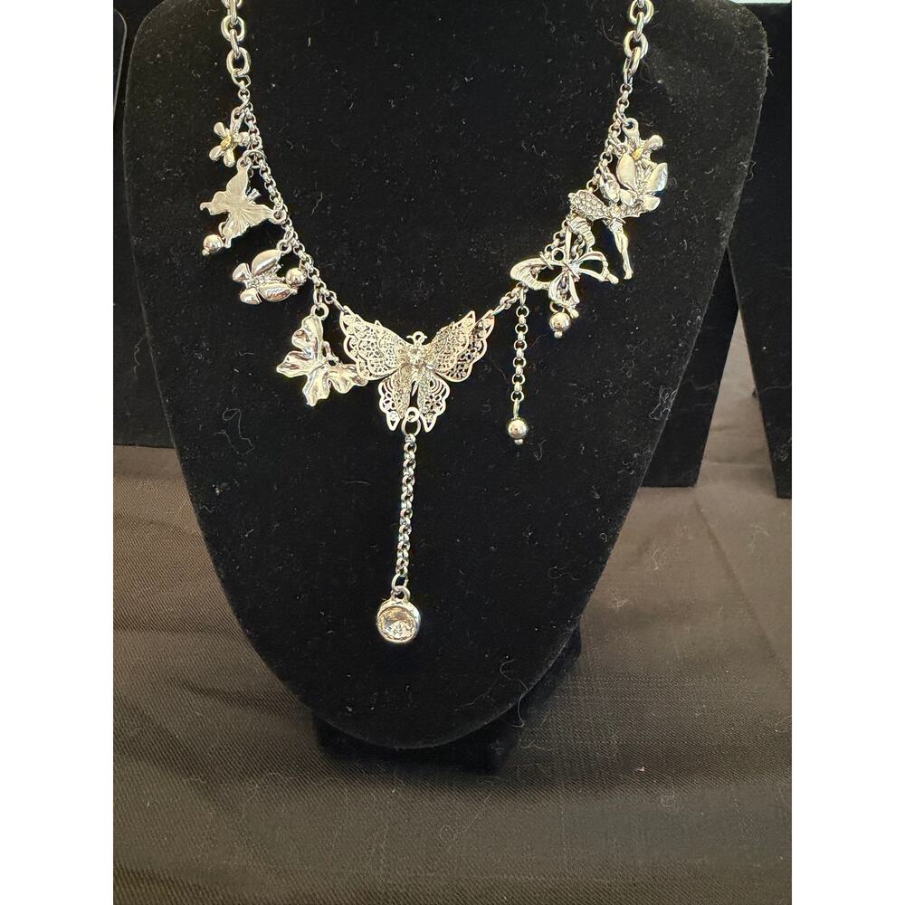 Silver-toned statement necklace butterfly fairy charms, rhinestone inlays 18”